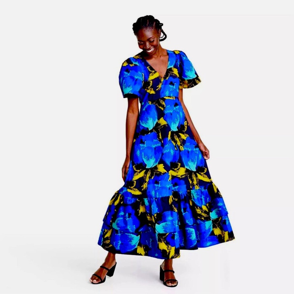 Christopher John Rogers for Target Blue Multicolor Maxi Dress with puff sleeves